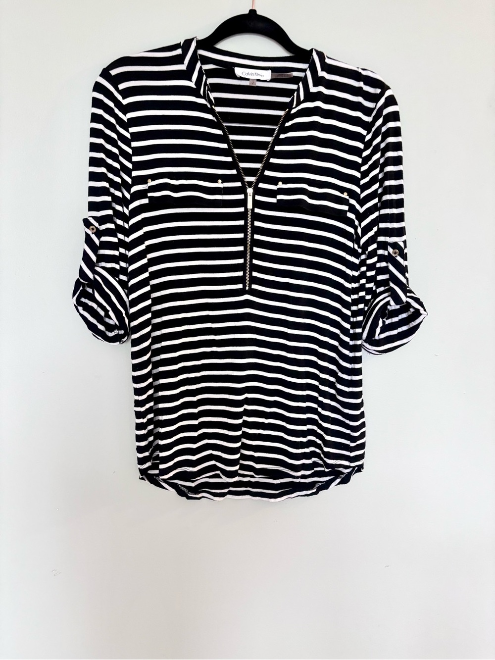 Calvin Klein Black & White Striped Zip-Front Shirt